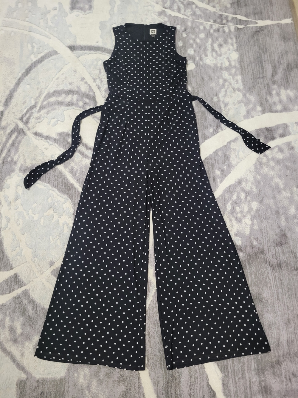 Anne Klein Black and White Polka Dot Sleeveless Wide-Leg Jumpsuit